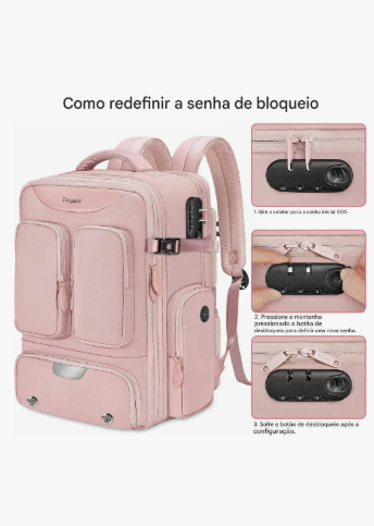 Mochila de Viagem Taygeer 1727 c/ Compressão a Vácuo e Notebook 17" Rosa