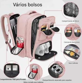 Mochila de Viagem Taygeer 1727 c/ Compressão a Vácuo e Notebook 17" Rosa